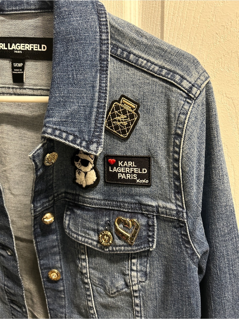Karl Lagerfeld Blue Denim Jacket with Logo Patches- SZ SMALL - NWOT - Picture 5 of 10